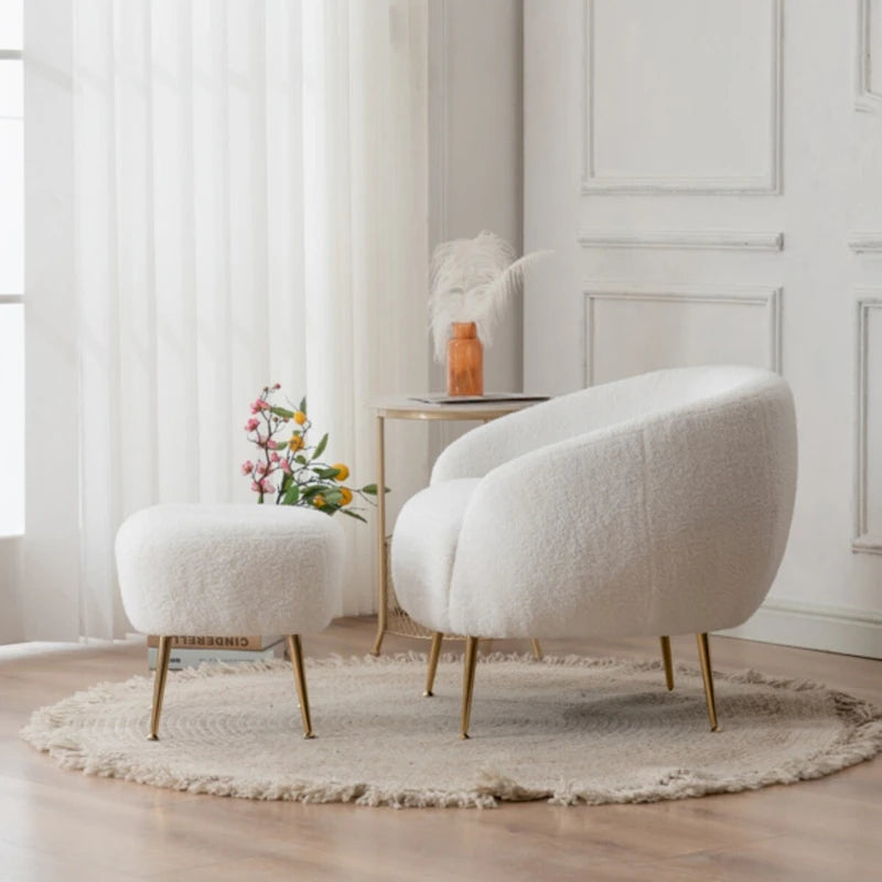 Poltrona a botte in velluto Teddy bianco con pouf, 2 posti