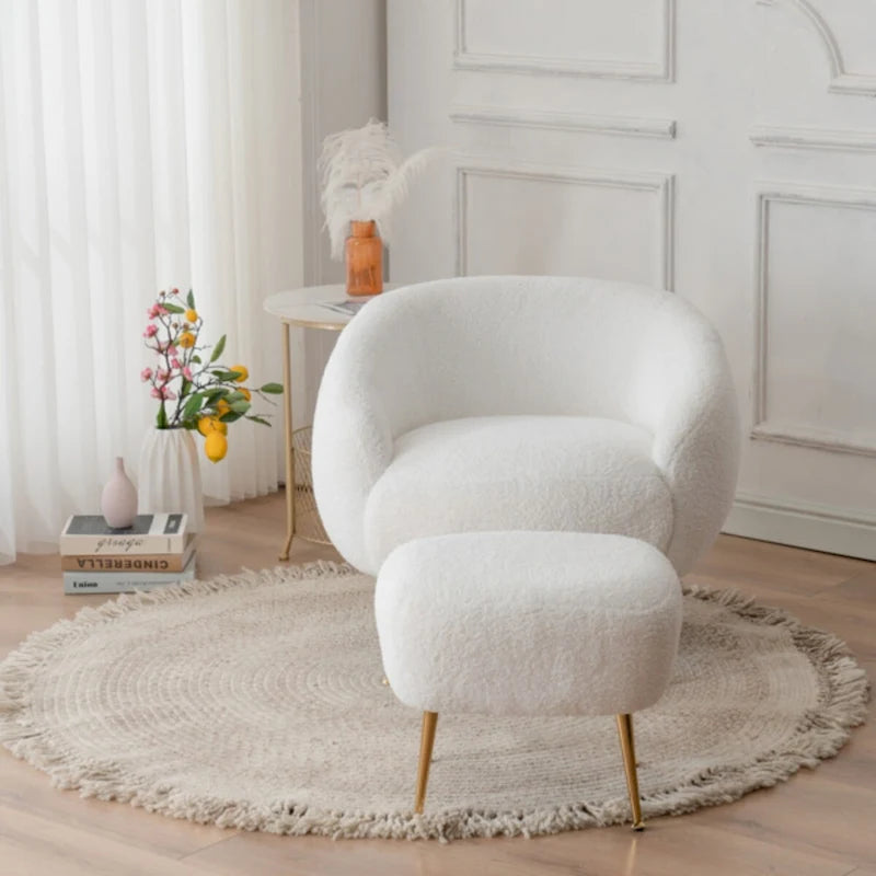 Poltrona a botte in velluto Teddy bianco con pouf, 2 posti
