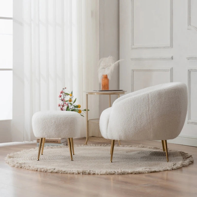Poltrona a botte in velluto Teddy bianco con pouf, 2 posti