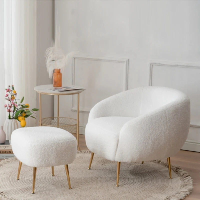 Poltrona a botte in velluto Teddy bianco con pouf, 2 posti
