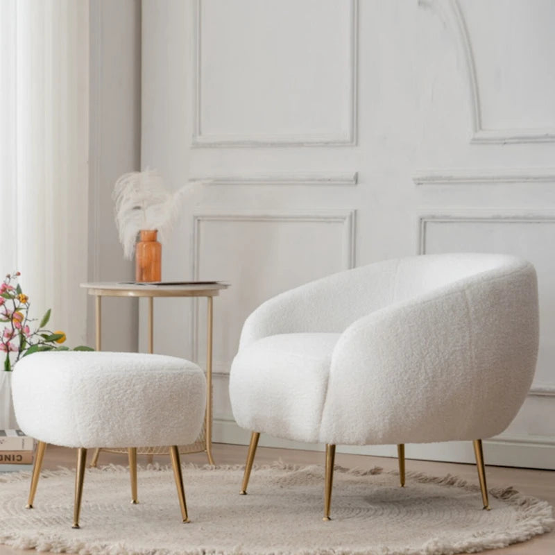 Poltrona a botte in velluto Teddy bianco con pouf, 2 posti