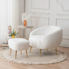 Poltrona a botte in velluto Teddy bianco con pouf, 2 posti