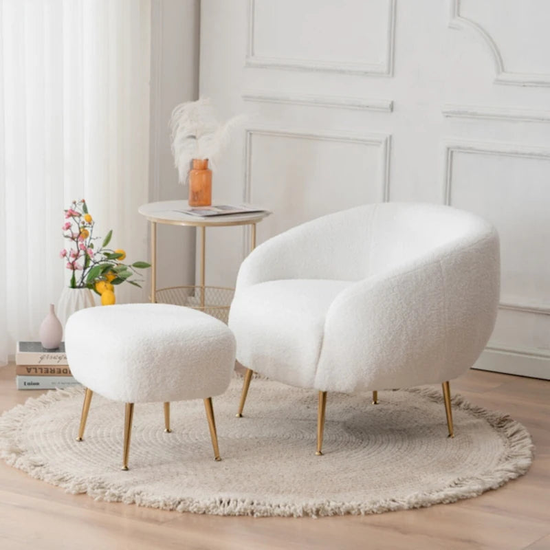 Poltrona a botte in velluto Teddy bianco con pouf, 2 posti