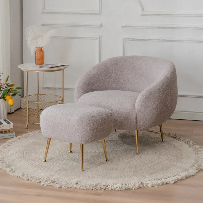 Poltrona a botte in velluto Teddy bianco con pouf, 2 posti