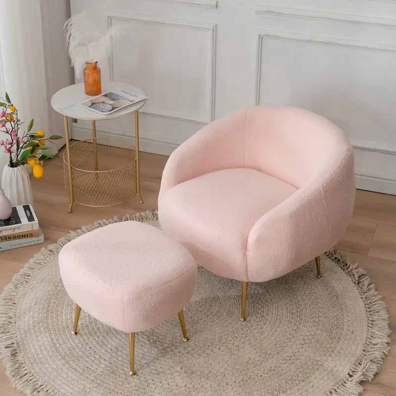 Poltrona a botte in velluto Teddy bianco con pouf, 2 posti