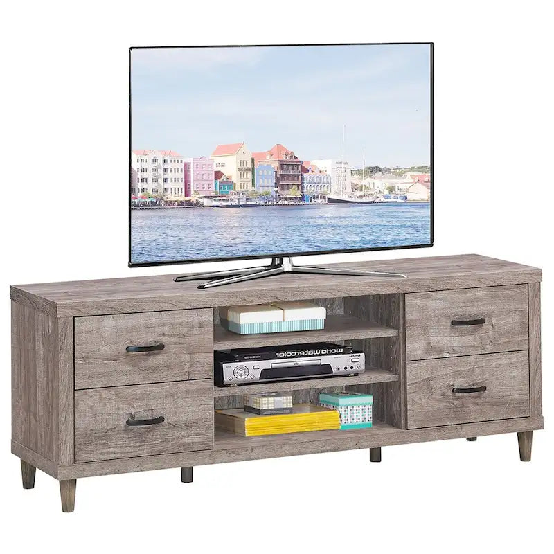 Mobile porta TV marrone in stile retrò con cassetti e ripiani, adatto per TV fino a 65"