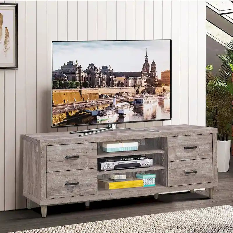 Mobile porta TV marrone in stile retrò con cassetti e ripiani, adatto per TV fino a 65"