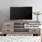 Mobile porta TV marrone in stile retrò con cassetti e ripiani, adatto per TV fino a 65"