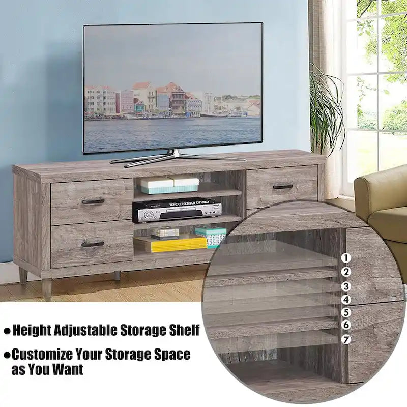 Mobile porta TV marrone in stile retrò con cassetti e ripiani, adatto per TV fino a 65"