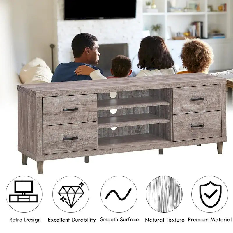 Mobile porta TV marrone in stile retrò con cassetti e ripiani, adatto per TV fino a 65"