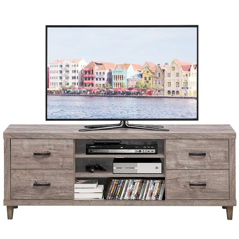Mobile porta TV marrone in stile retrò con cassetti e ripiani, adatto per TV fino a 65"