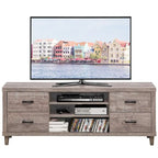 Mobile porta TV marrone in stile retrò con cassetti e ripiani, adatto per TV fino a 65"