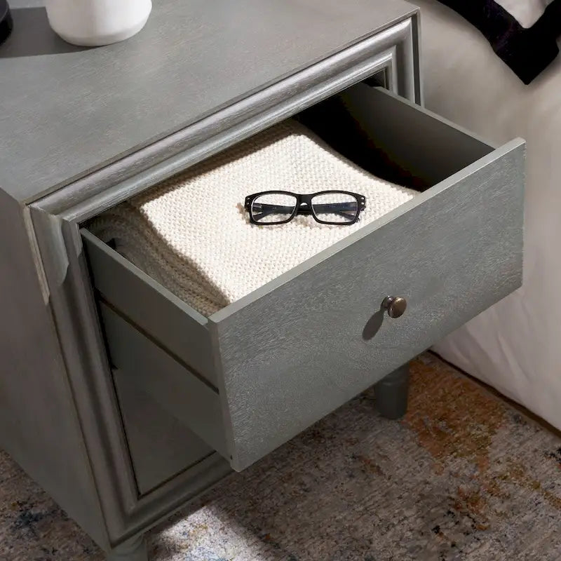 Comodino a 2 cassetti, color teal scuro/grigio cenere, 1 persona