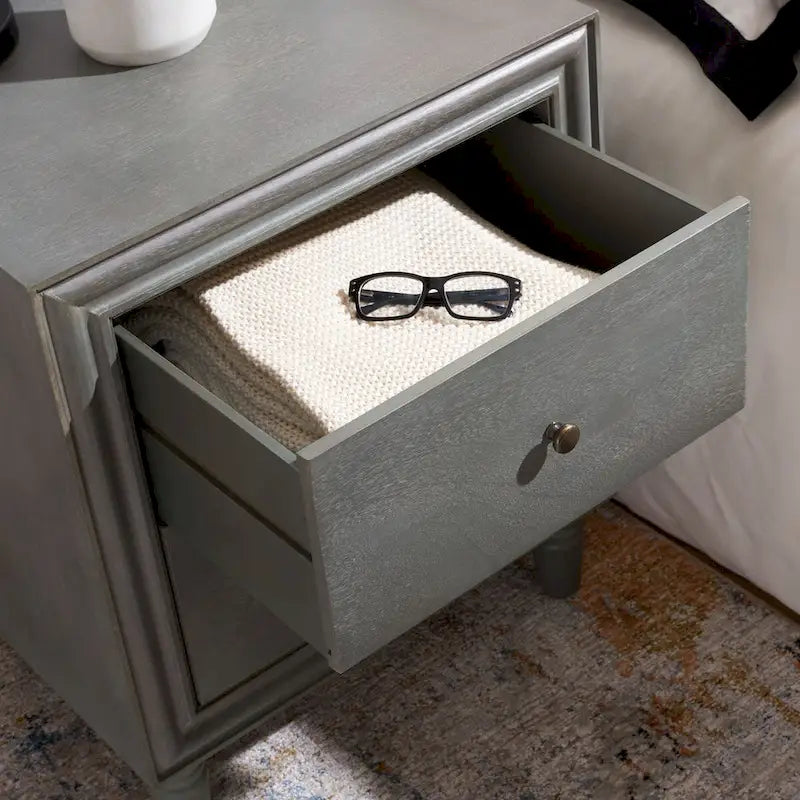 Comodino a 2 cassetti, color teal scuro/grigio cenere, 1 persona
