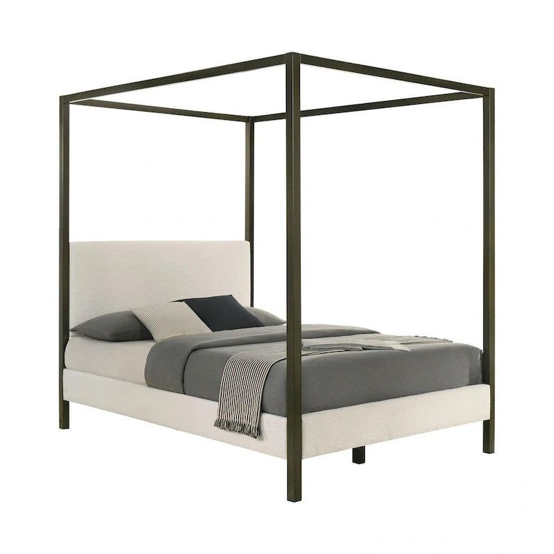 Letto a baldacchino a quattro colonne Vanilla/Bronzo per 2 – Imbottito, King & Queen