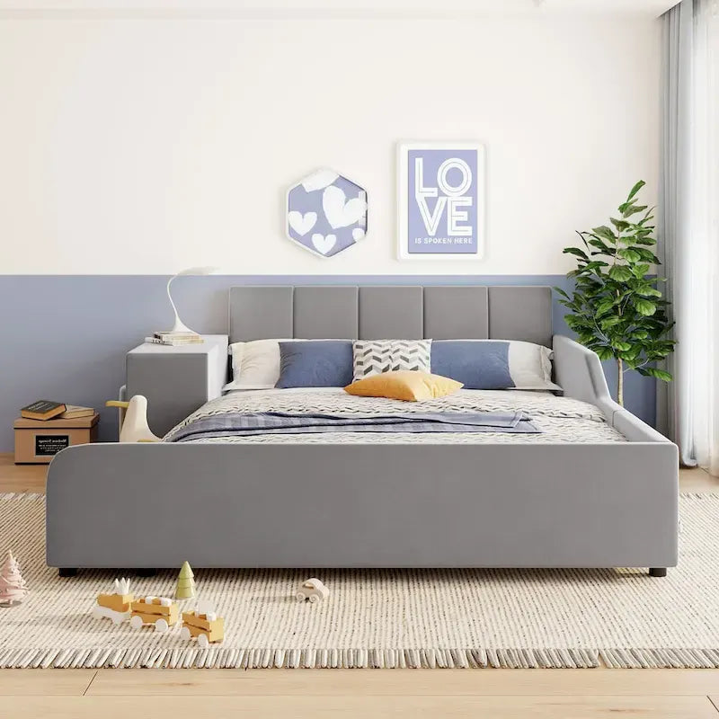 Letto a Piattaforma in Velluto Rosa / Beige / Grigio con Scrivania e Sgabello – Matrimoniale Francese / Matrimoniale, 2 Posti