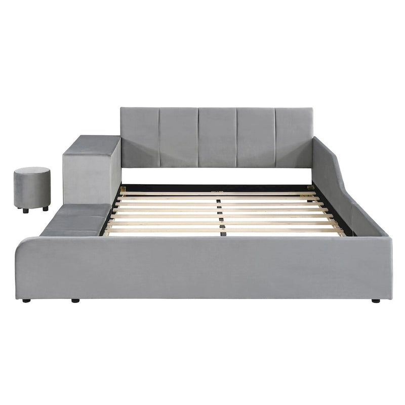 Letto a Piattaforma in Velluto Rosa / Beige / Grigio con Scrivania e Sgabello – Matrimoniale Francese / Matrimoniale, 2 Posti