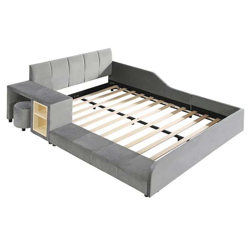 Letto a Piattaforma in Velluto Rosa / Beige / Grigio con Scrivania e Sgabello – Matrimoniale Francese / Matrimoniale, 2 Posti