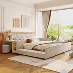Letto a Piattaforma in Velluto Rosa / Beige / Grigio con Scrivania e Sgabello – Matrimoniale Francese / Matrimoniale, 2 Posti