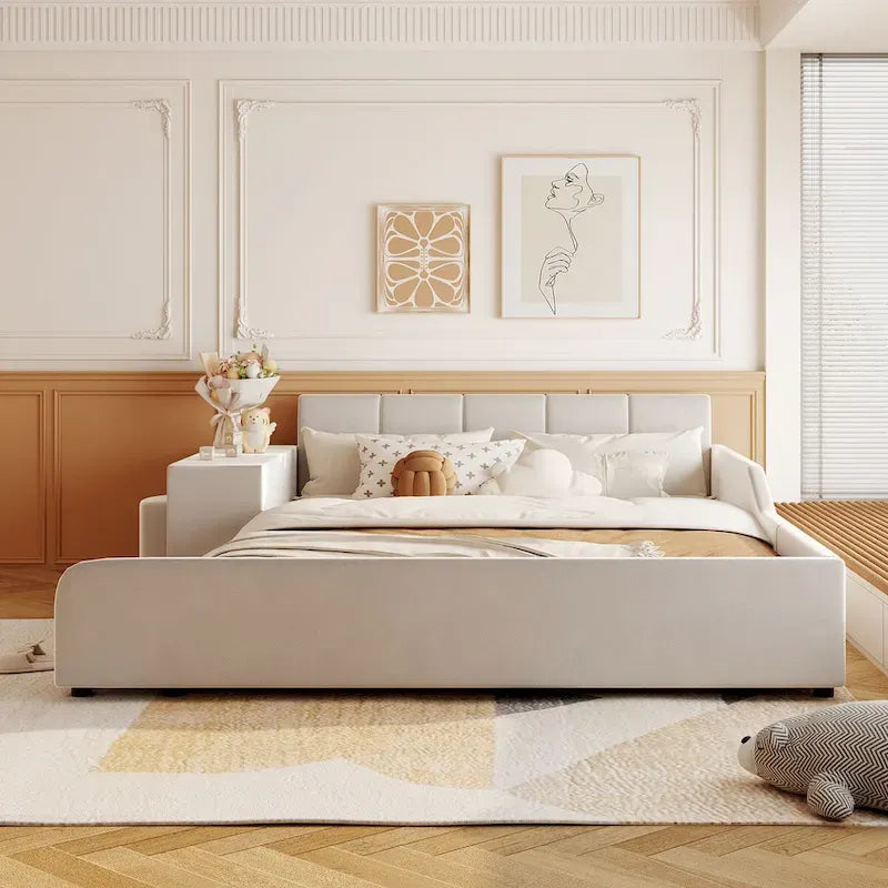 Letto a Piattaforma in Velluto Rosa / Beige / Grigio con Scrivania e Sgabello – Matrimoniale Francese / Matrimoniale, 2 Posti