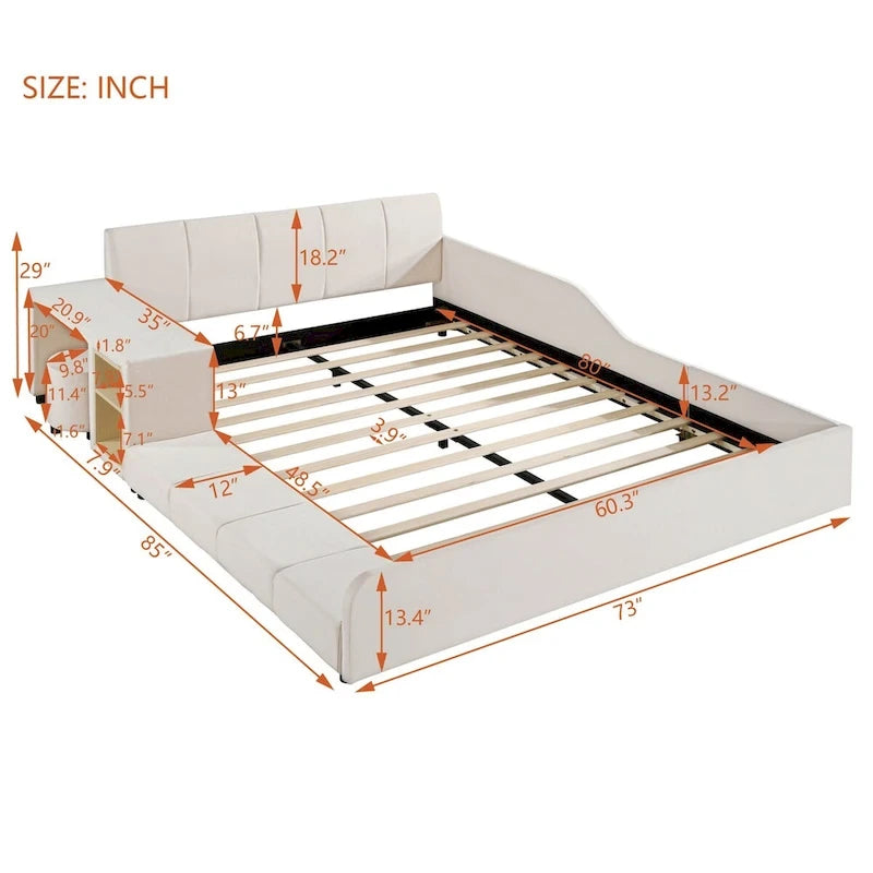 Letto a Piattaforma in Velluto Rosa / Beige / Grigio con Scrivania e Sgabello – Matrimoniale Francese / Matrimoniale, 2 Posti