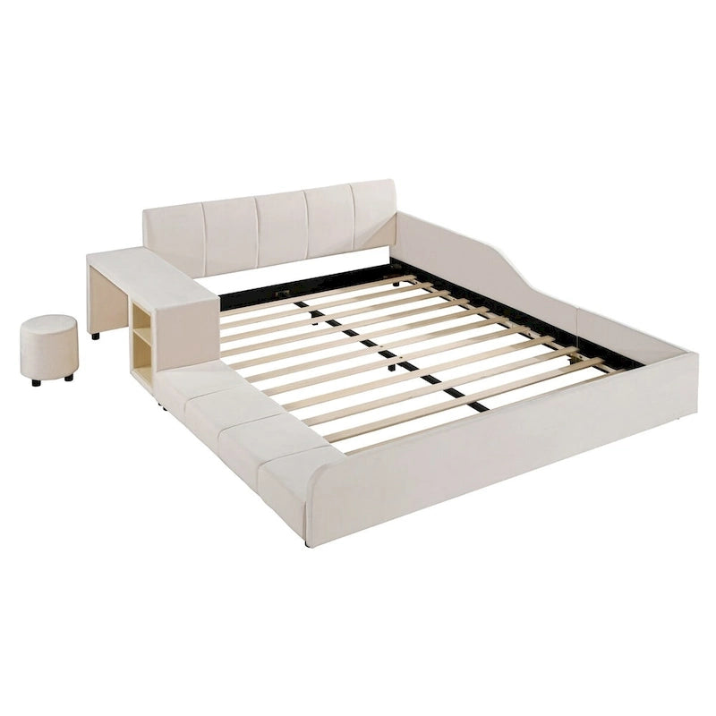Letto a Piattaforma in Velluto Rosa / Beige / Grigio con Scrivania e Sgabello – Matrimoniale Francese / Matrimoniale, 2 Posti
