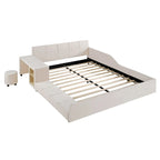 Letto a Piattaforma in Velluto Rosa / Beige / Grigio con Scrivania e Sgabello – Matrimoniale Francese / Matrimoniale, 2 Posti