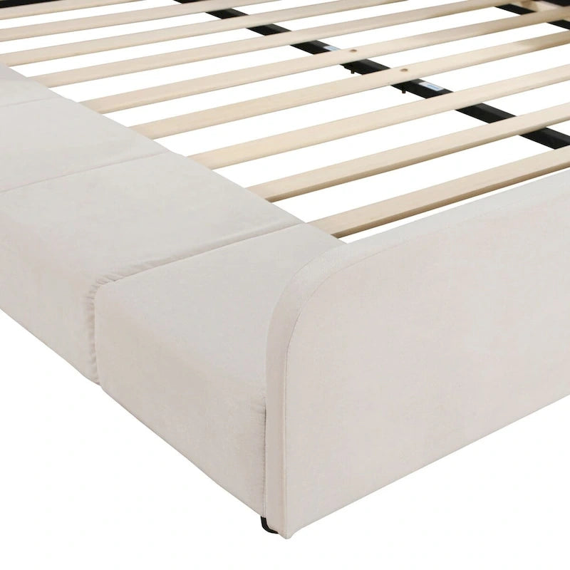 Letto a Piattaforma in Velluto Rosa / Beige / Grigio con Scrivania e Sgabello – Matrimoniale Francese / Matrimoniale, 2 Posti