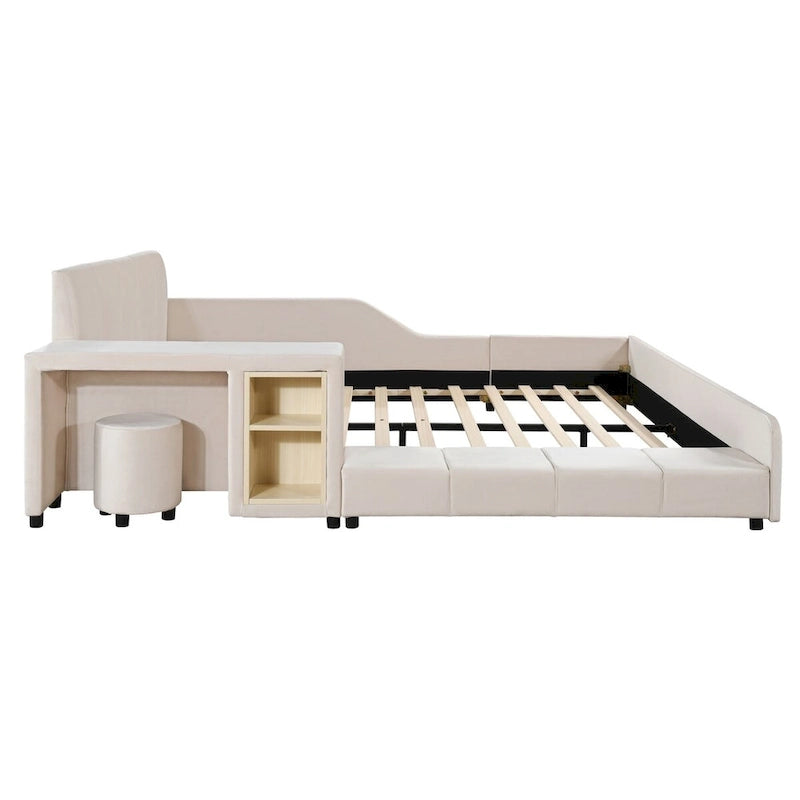 Letto a Piattaforma in Velluto Rosa / Beige / Grigio con Scrivania e Sgabello – Matrimoniale Francese / Matrimoniale, 2 Posti