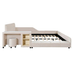 Letto a Piattaforma in Velluto Rosa / Beige / Grigio con Scrivania e Sgabello – Matrimoniale Francese / Matrimoniale, 2 Posti