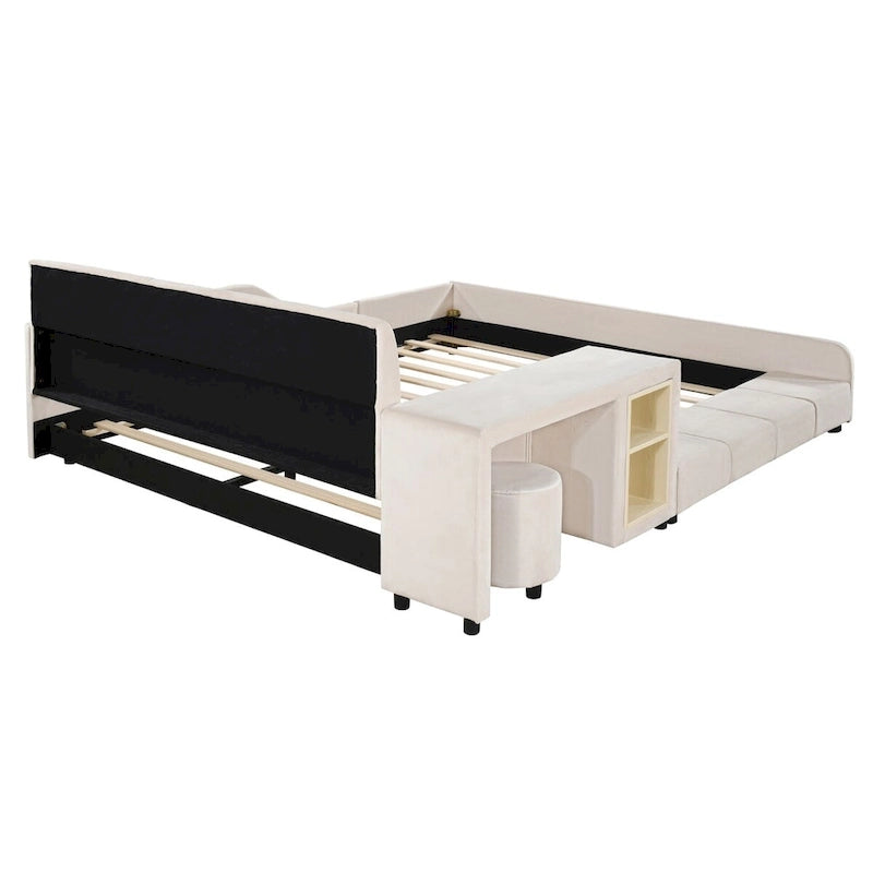 Letto a Piattaforma in Velluto Rosa / Beige / Grigio con Scrivania e Sgabello – Matrimoniale Francese / Matrimoniale, 2 Posti