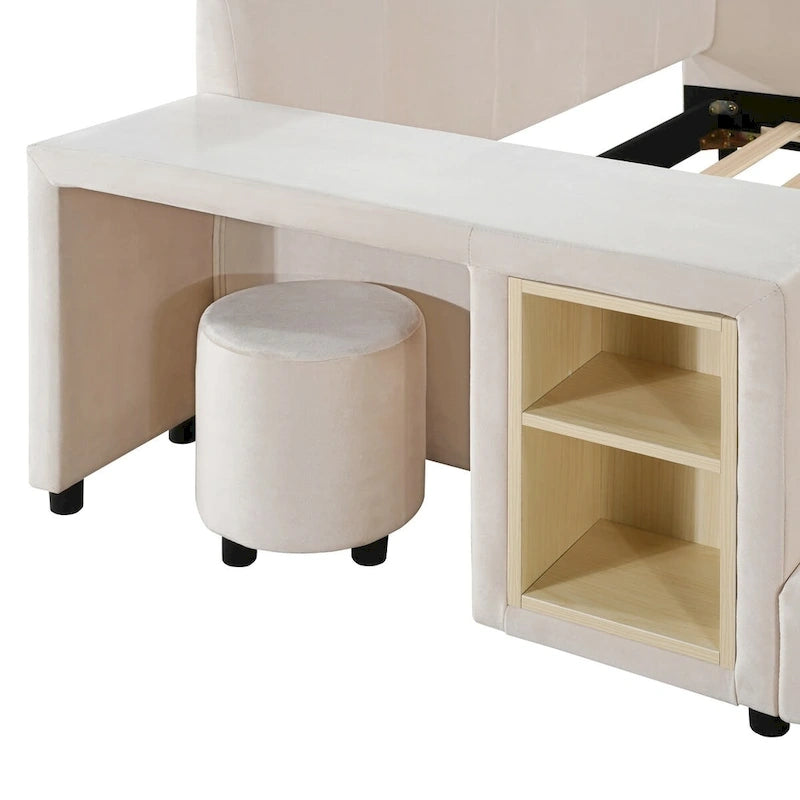 Letto a Piattaforma in Velluto Rosa / Beige / Grigio con Scrivania e Sgabello – Matrimoniale Francese / Matrimoniale, 2 Posti