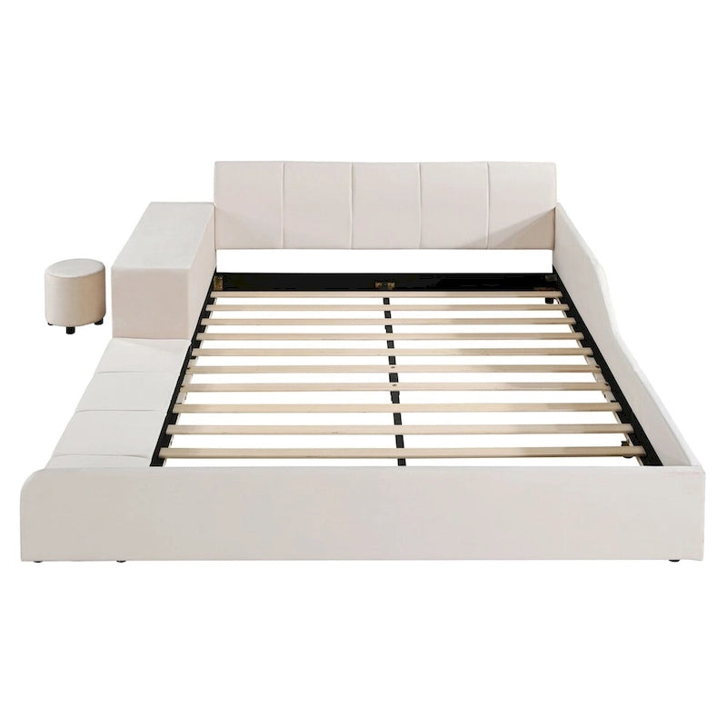 Letto a Piattaforma in Velluto Rosa / Beige / Grigio con Scrivania e Sgabello – Matrimoniale Francese / Matrimoniale, 2 Posti
