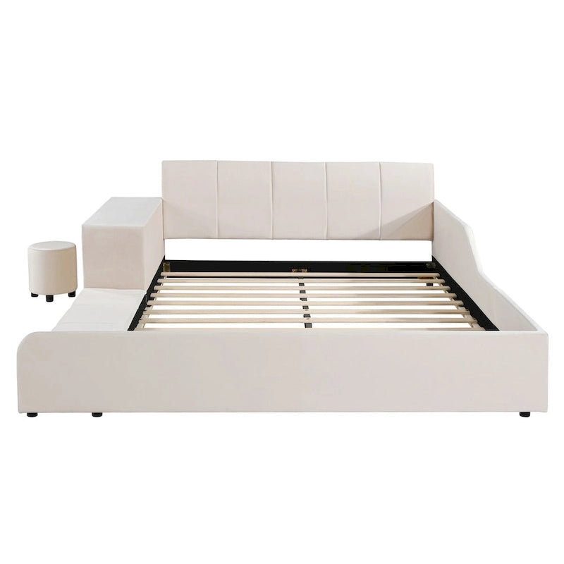 Letto a Piattaforma in Velluto Rosa / Beige / Grigio con Scrivania e Sgabello – Matrimoniale Francese / Matrimoniale, 2 Posti