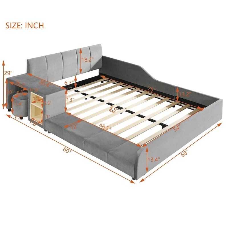 Letto a Piattaforma in Velluto Rosa / Beige / Grigio con Scrivania e Sgabello – Matrimoniale Francese / Matrimoniale, 2 Posti