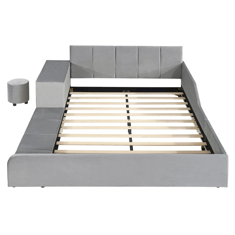 Letto a Piattaforma in Velluto Rosa / Beige / Grigio con Scrivania e Sgabello – Matrimoniale Francese / Matrimoniale, 2 Posti