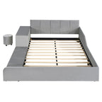 Letto a Piattaforma in Velluto Rosa / Beige / Grigio con Scrivania e Sgabello – Matrimoniale Francese / Matrimoniale, 2 Posti