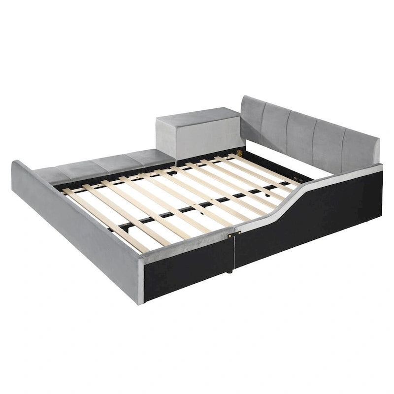 Letto a Piattaforma in Velluto Rosa / Beige / Grigio con Scrivania e Sgabello – Matrimoniale Francese / Matrimoniale, 2 Posti