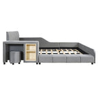 Letto a Piattaforma in Velluto Rosa / Beige / Grigio con Scrivania e Sgabello – Matrimoniale Francese / Matrimoniale, 2 Posti