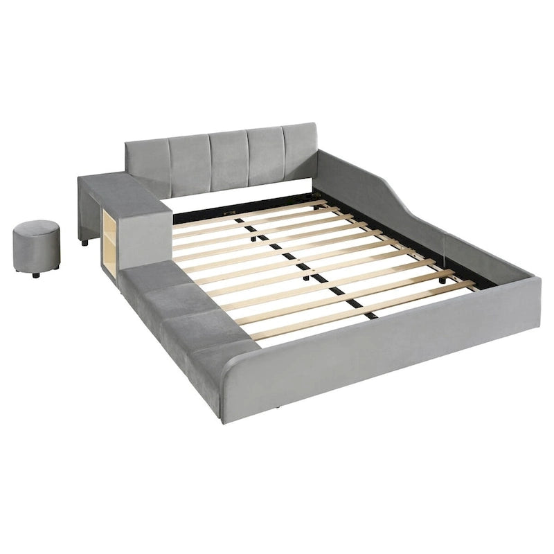Letto a Piattaforma in Velluto Rosa / Beige / Grigio con Scrivania e Sgabello – Matrimoniale Francese / Matrimoniale, 2 Posti