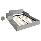 Letto a Piattaforma in Velluto Rosa / Beige / Grigio con Scrivania e Sgabello – Matrimoniale Francese / Matrimoniale, 2 Posti