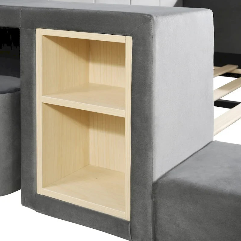 Letto a Piattaforma in Velluto Rosa / Beige / Grigio con Scrivania e Sgabello – Matrimoniale Francese / Matrimoniale, 2 Posti