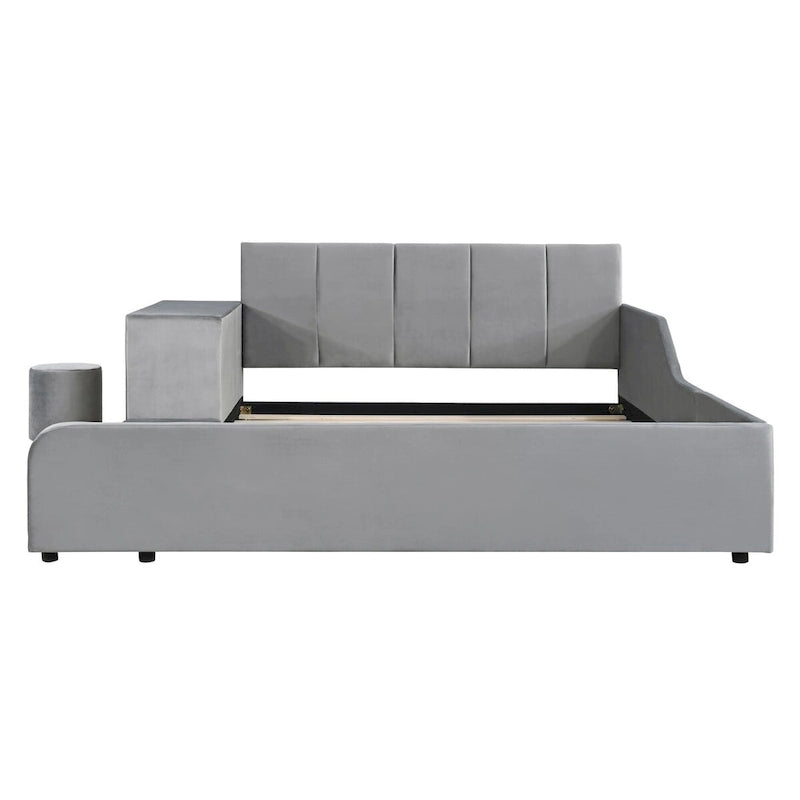 Letto a Piattaforma in Velluto Rosa / Beige / Grigio con Scrivania e Sgabello – Matrimoniale Francese / Matrimoniale, 2 Posti