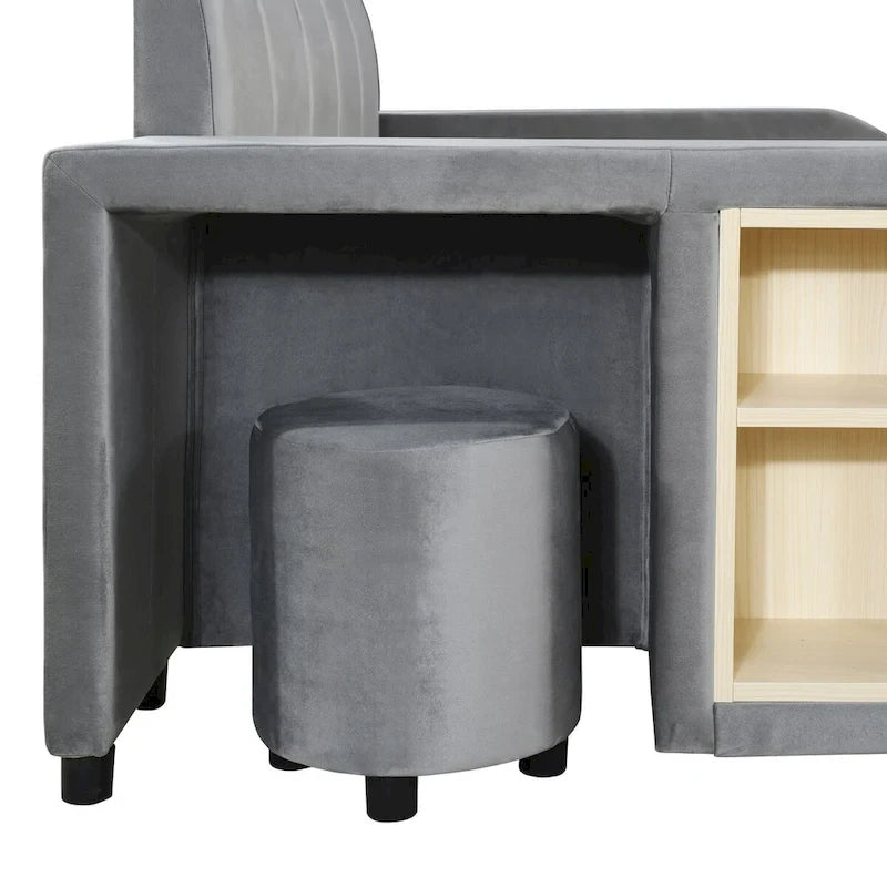 Letto a Piattaforma in Velluto Rosa / Beige / Grigio con Scrivania e Sgabello – Matrimoniale Francese / Matrimoniale, 2 Posti