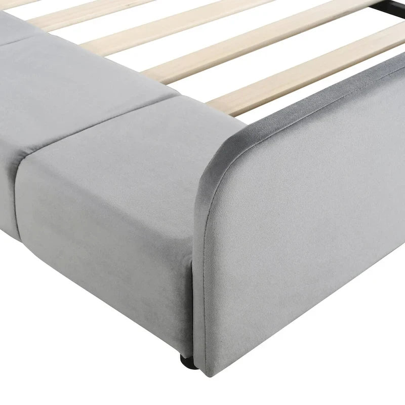 Letto a Piattaforma in Velluto Rosa / Beige / Grigio con Scrivania e Sgabello – Matrimoniale Francese / Matrimoniale, 2 Posti