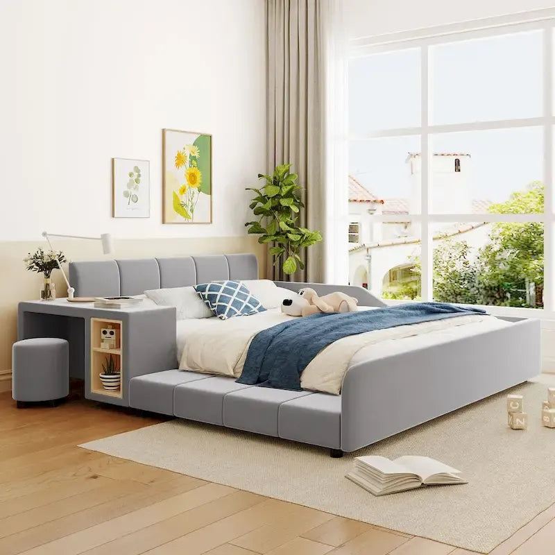 Letto a Piattaforma in Velluto Rosa / Beige / Grigio con Scrivania e Sgabello – Matrimoniale Francese / Matrimoniale, 2 Posti