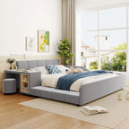 Letto a Piattaforma in Velluto Rosa / Beige / Grigio con Scrivania e Sgabello – Matrimoniale Francese / Matrimoniale, 2 Posti