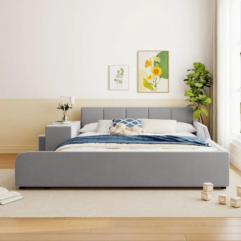 Letto a Piattaforma in Velluto Rosa / Beige / Grigio con Scrivania e Sgabello – Matrimoniale Francese / Matrimoniale, 2 Posti
