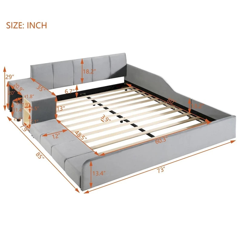 Letto a Piattaforma in Velluto Rosa / Beige / Grigio con Scrivania e Sgabello – Matrimoniale Francese / Matrimoniale, 2 Posti