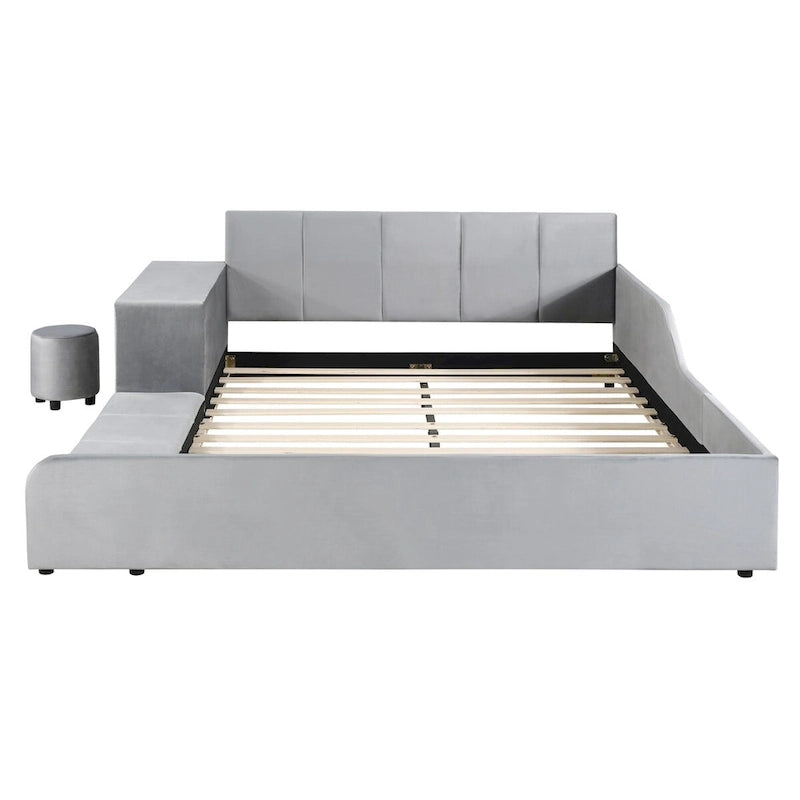 Letto a Piattaforma in Velluto Rosa / Beige / Grigio con Scrivania e Sgabello – Matrimoniale Francese / Matrimoniale, 2 Posti